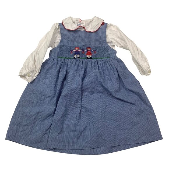 Silly Goose Smocked Toddler Dress Embroidered Dolls White Shirt & Blue Pinafore - Picture 1 of 6